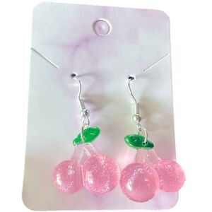 Pink Glitter Cherry Dangle Earrings